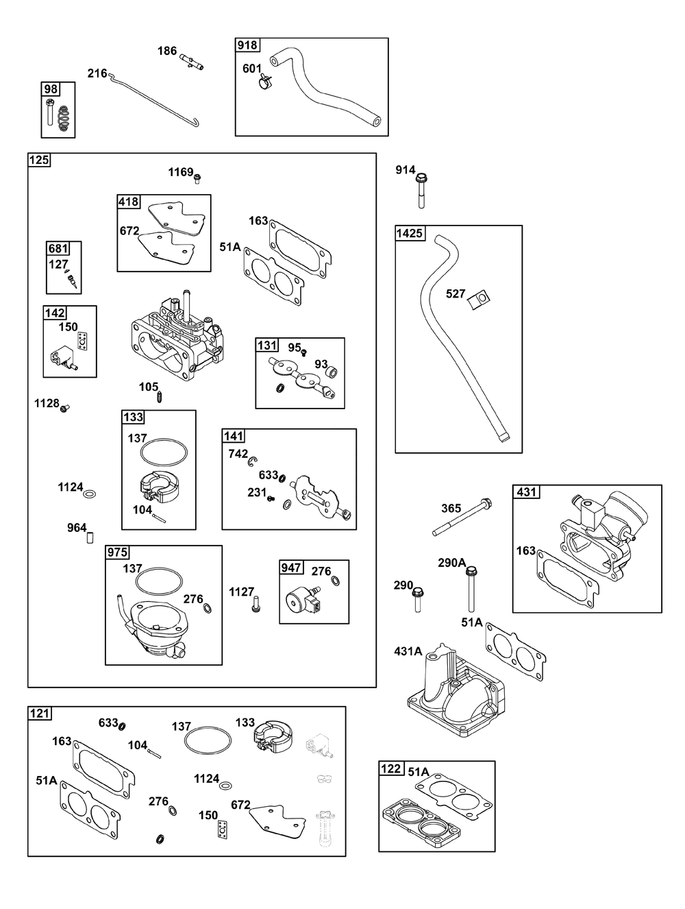 Carburetor Group Diagram and Parts List for 542477-2229-J1 400000 - 699999 Briggs and Stratton Engine